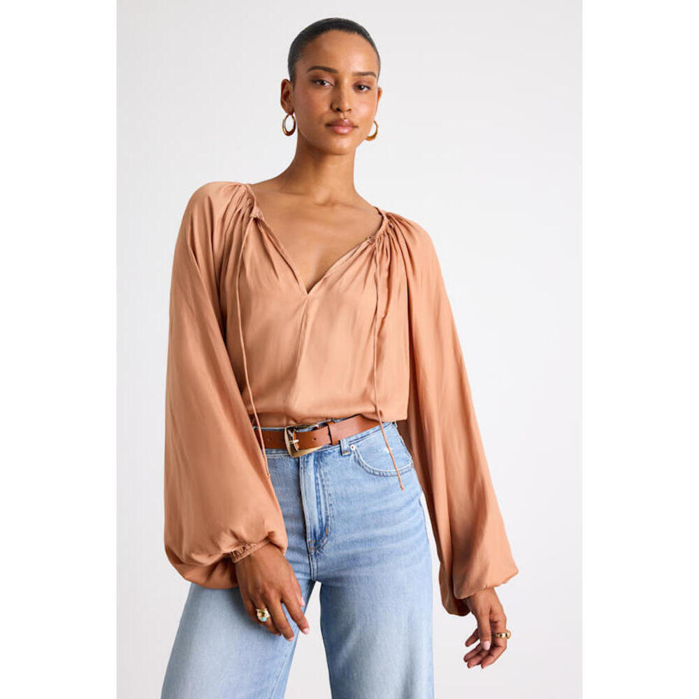 Lulus Hestia Tan Gathered Balloon Sleeve Top Brown - Size XS